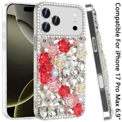 Phone Case for Apple iPhone 17 Pro Max Rose Flower Full Diamond Bling Rhinestone Glitter Luxury Stylish Sparkle Protective Designer Hybrid Cover