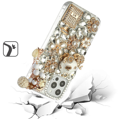 Phone Case for Apple iPhone 16 Pro Max Hard TPU Full Diamond Bling Rhinestone Pearl Crystal Ornament Decorative Multi Ornament Design Cover Gold