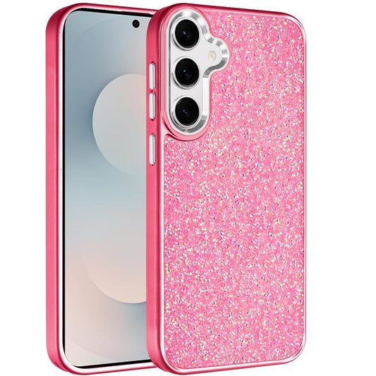 For Samsung Galaxy S25 FE /S25 Fan Edition Crystal Sparkle Diamond Glass Full Mini Glitter Bling Frame TPU Hybrid Protective Case Cover Hotpink
