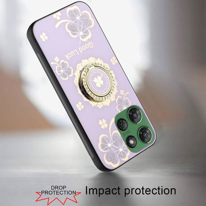 For Motorola Moto G 5G 2025 Diamonds 3D Fashion Floral Bling Sparkly Glitter Ornaments Engraving Hybrid with Ring Stand Case Cover Purple Good Luck Floral