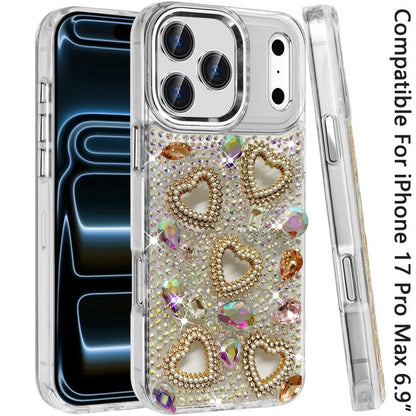 Phone Case for Apple iPhone 17 Pro Max Luxury Crystal Heart Rhinestone Diamond Bling Shockproof Hybrid Glitter Protective Stylish Durable Grip Cover