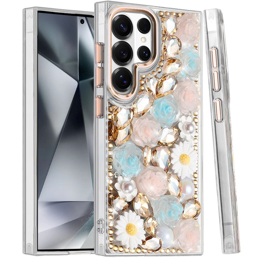 Phone Case for Samsung Galaxy S24 Ultra Full Bling Rhinestone Glitter Floral Luxury Hybrid Shockproof Stylish Sparkling Protective Designer Ornament Cover