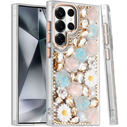 Phone Case for Samsung Galaxy S24 Ultra Full Bling Rhinestone Glitter Floral Luxury Hybrid Shockproof Stylish Sparkling Protective Designer Ornament Cover