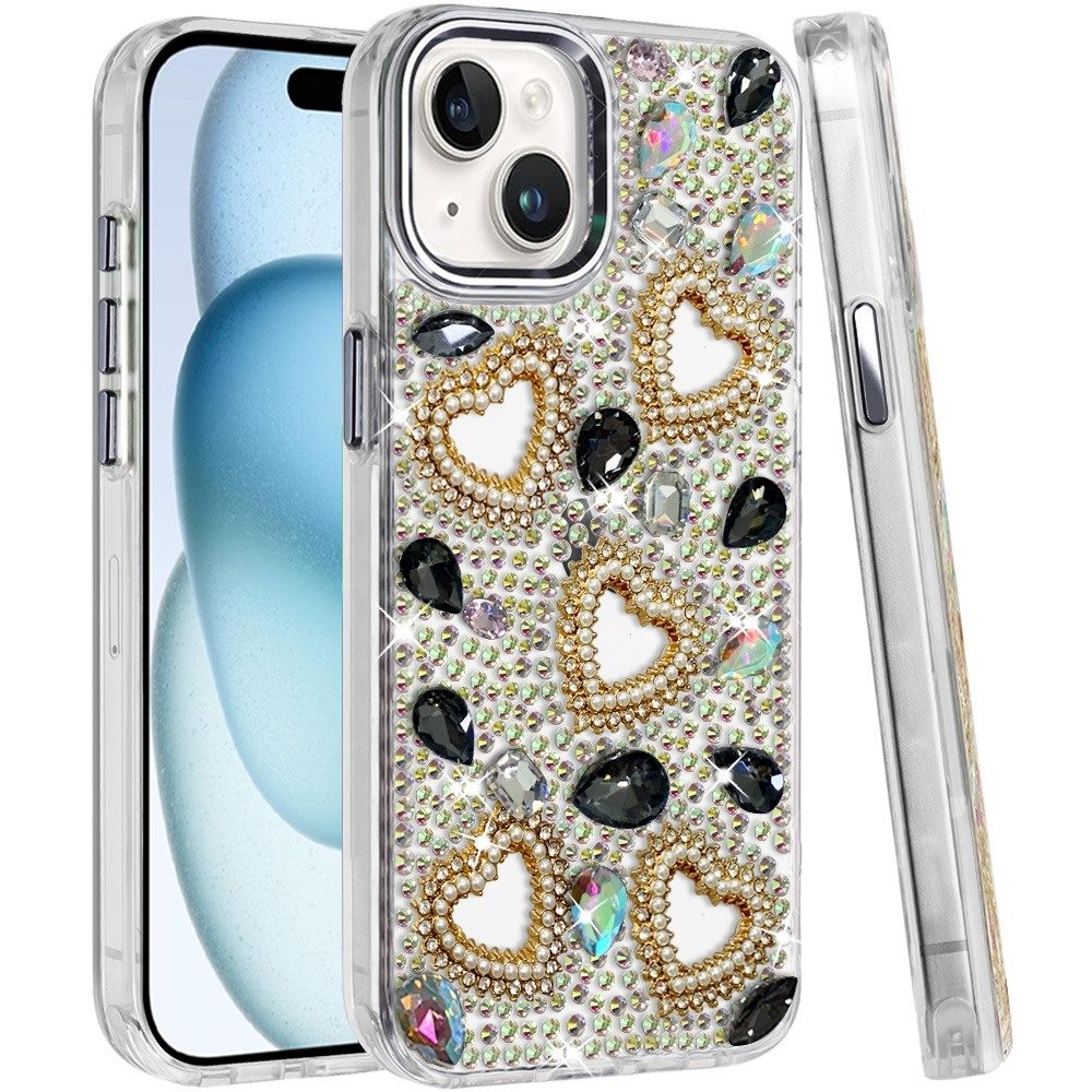 Phone Case for Apple iPhone 15 Plus Luxury Crystal Heart Rhinestone Diamond Bling Shockproof Hybrid Glitter Protective Stylish Durable Grip Cover