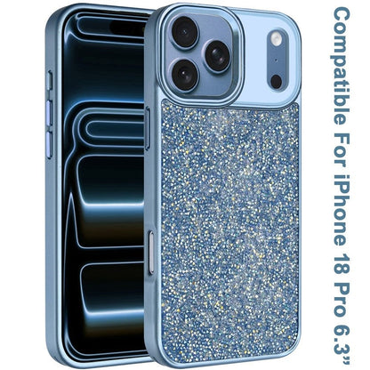 Phone Case for Apple iPhone 18 Pro/ iPhone 17 Pro Crystal Glass Bling Diamond Metallic Edge Shockproof Durable Protective Clear Hybrid Stylish Premium Design Cover Blue