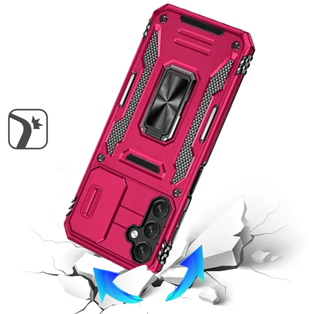 For Samsung Galaxy A17 5G Tough Hybrid Case with Movable Camera Window & Metal Ring Stand Shockproof Case Cover Cosmic Orange