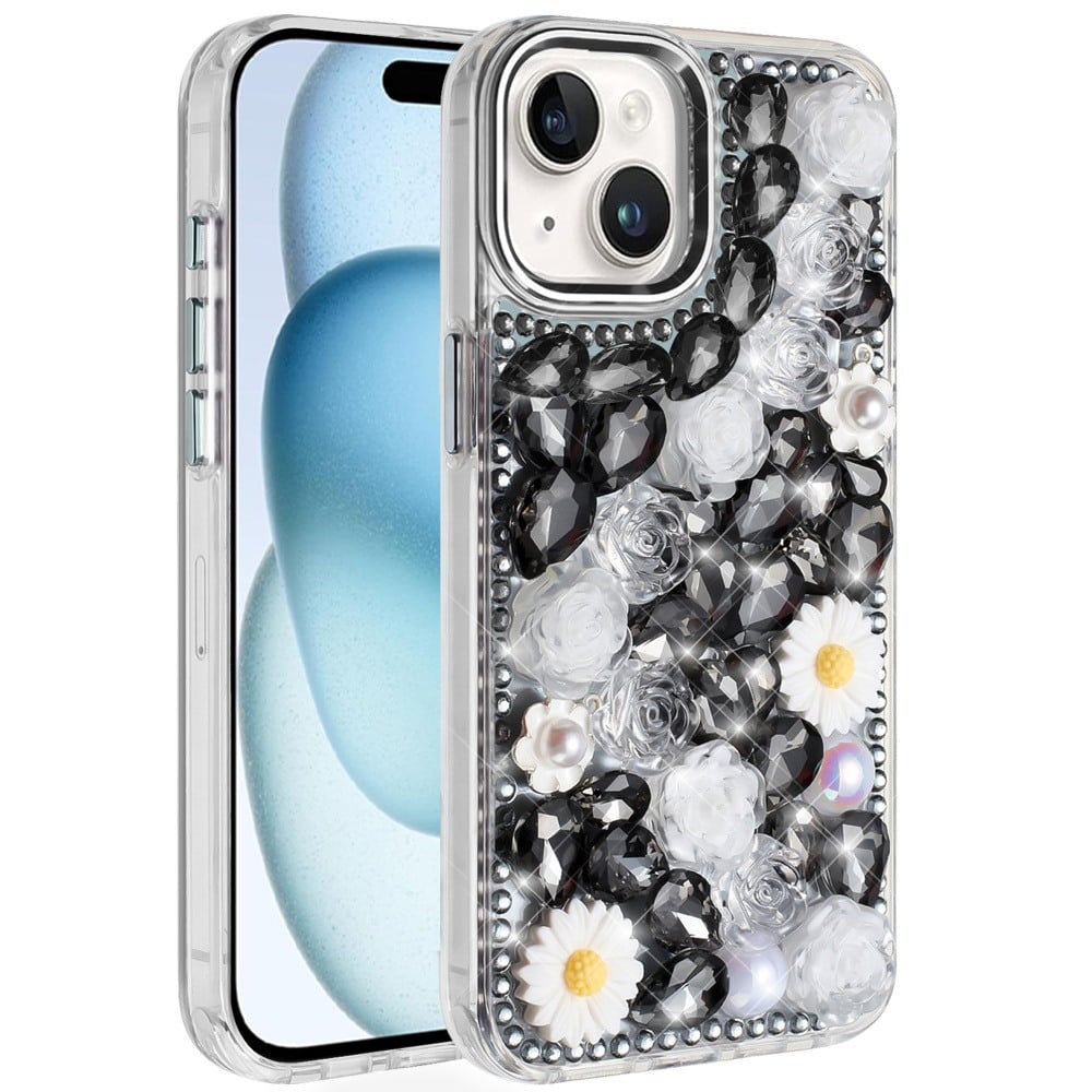 Phone Case for iPhone 15 Plus (6.7") Full Bling Rhinestone Glitter Floral Luxury Hybrid Shockproof Stylish Sparkling Protective Designer Ornament Cover