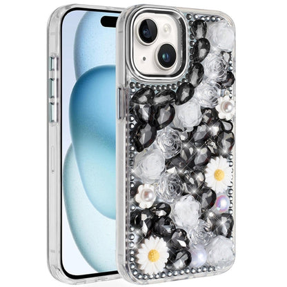 Phone Case for iPhone 15 Plus (6.7") Full Bling Rhinestone Glitter Floral Luxury Hybrid Shockproof Stylish Sparkling Protective Designer Ornament Cover