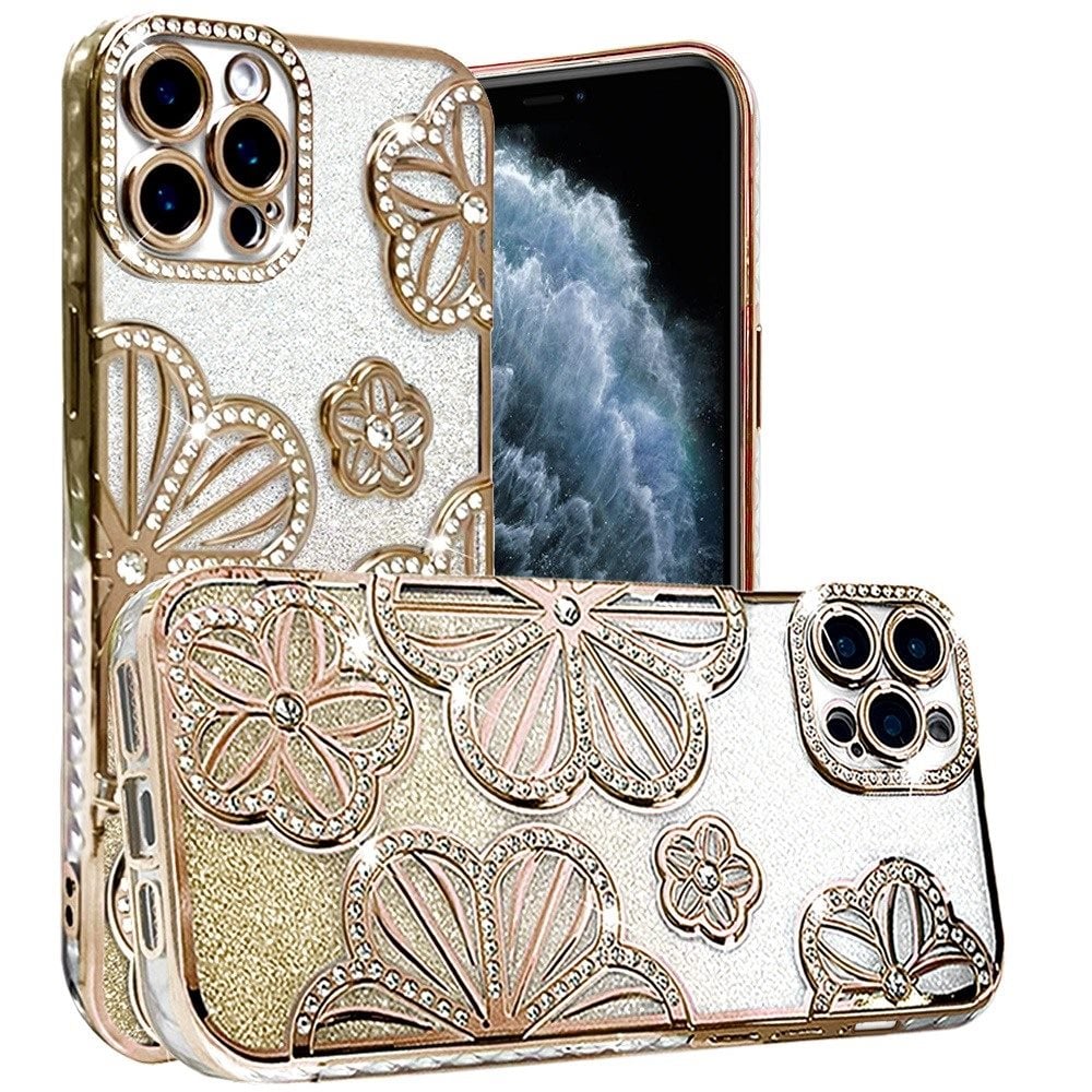 For Apple iPhone 11 Pro Max Luxury Flower Design Sparkle Glitter Diamond Rhinestone Shimmer Bling Plating Thick TPU Hard PC Case Cover