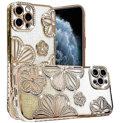For Apple iPhone 11 Pro Max Luxury Flower Design Sparkle Glitter Diamond Rhinestone Shimmer Bling Plating Thick TPU Hard PC Case Cover