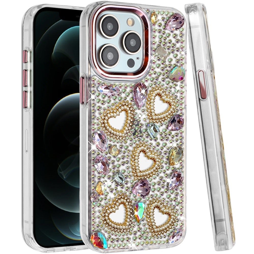 Phone Case for Apple iPhone 12 Pro Max Luxury Crystal Heart Rhinestone Diamond Bling Shockproof Hybrid Glitter Protective Stylish Durable Grip Cover