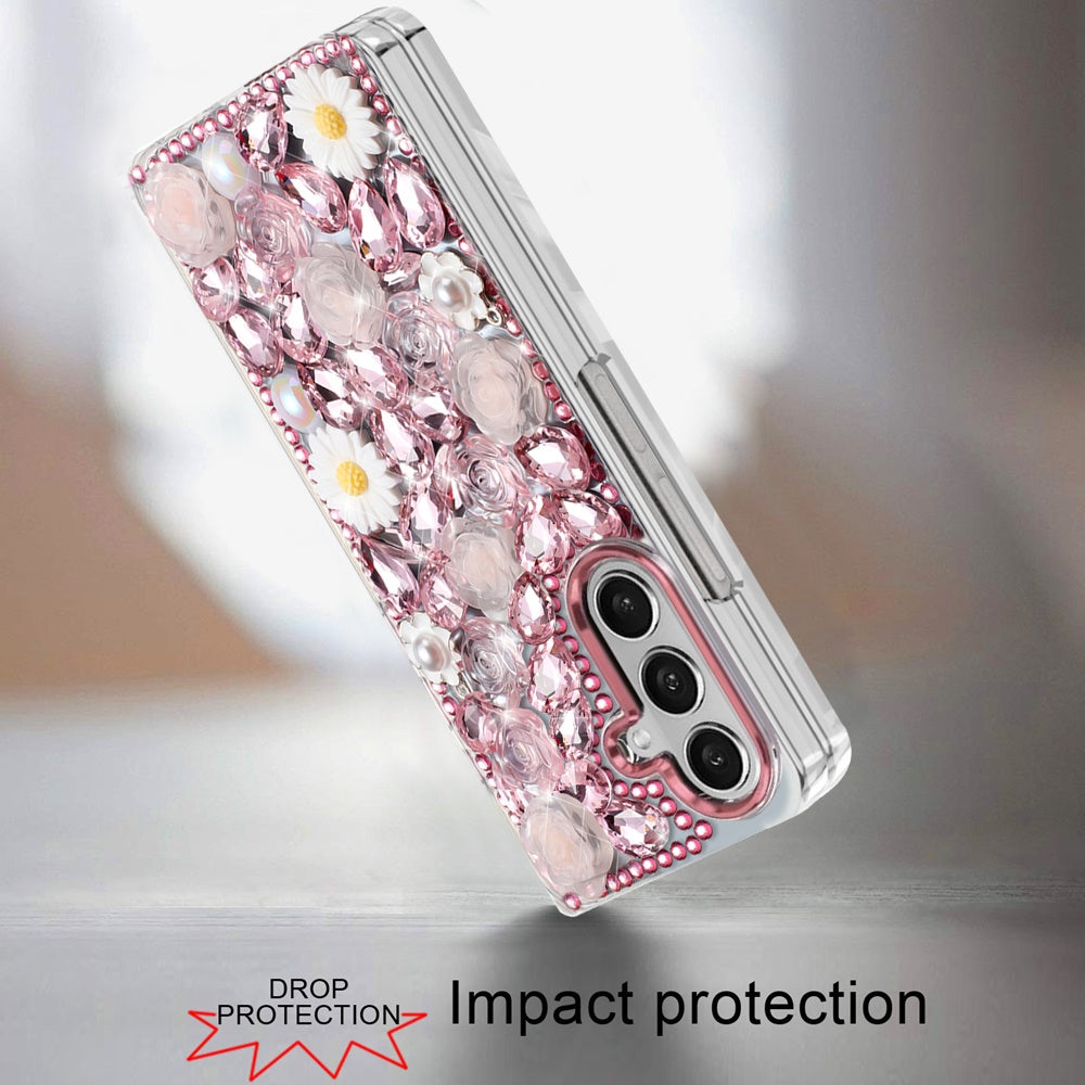 Phone Case for Samsung Galaxy Z Fold 7 Full Bling Rhinestone Glitter Floral Luxury Hybrid Shockproof Stylish Sparkling Protective Designer Ornament Cover