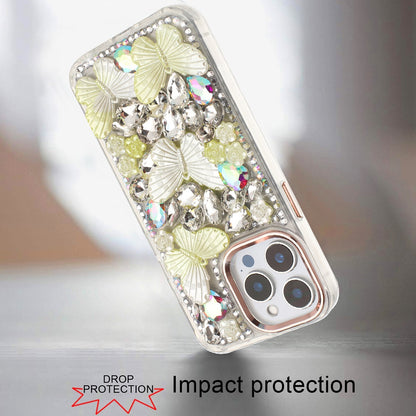 For Apple iPhone 13 Pro Max 3D Diamond Floral Butterfly Bling Stone Hybrid, Sparkly Rhinestone Gemstone Back Shockproof Case Cover