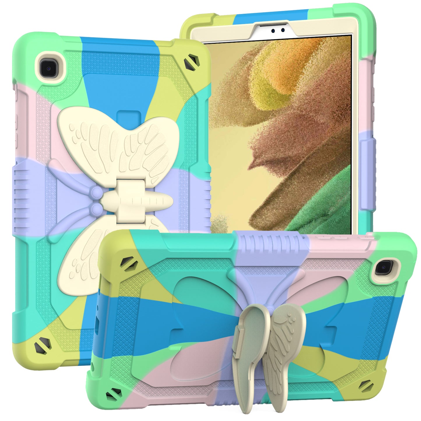 For Butterfly Wings Kickstand 3in1 Tough Hybrid with Pencil Holder Heavy Duty Rugged Shockproof Full Protective Rainbow Tablet Case Cover
