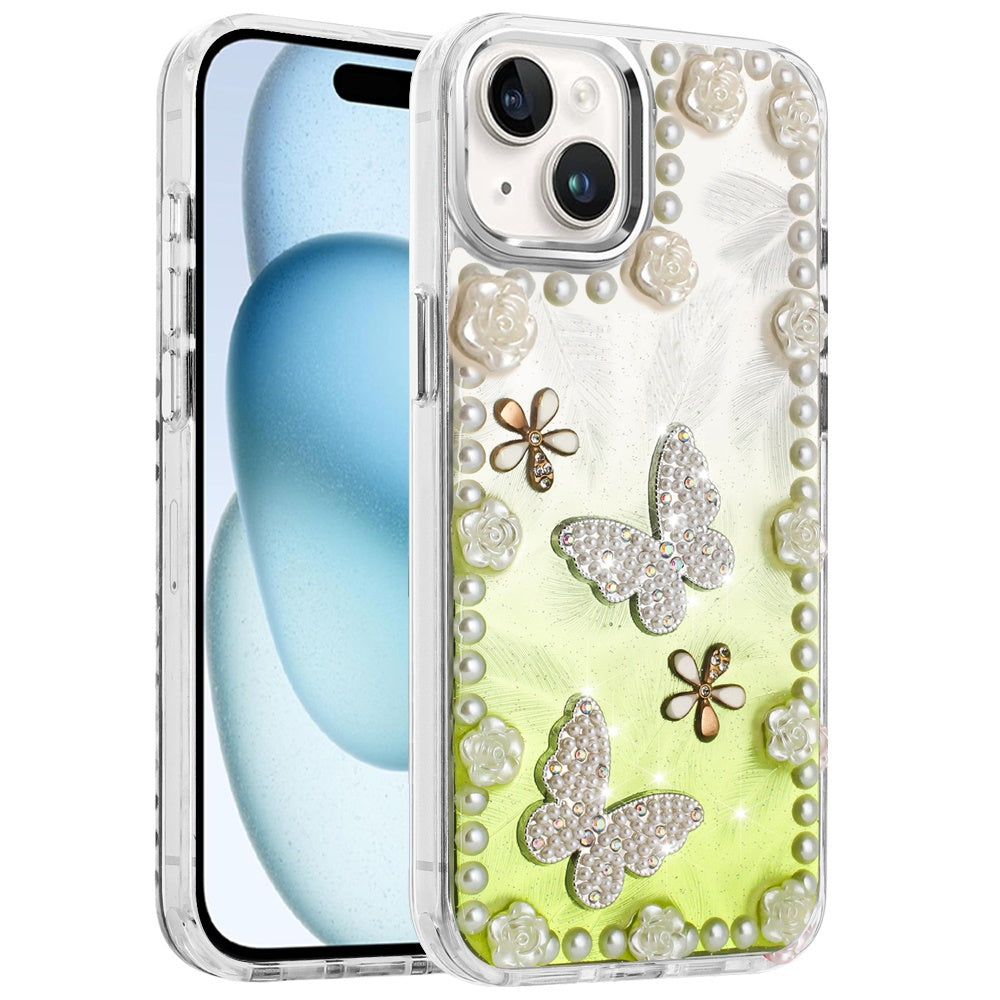 For Apple iPhone 12 /12 Pro Bling Fashion Design with 3D Pearls Epoxy Glitter Ornaments Chrome Edge Hard Slim PC Case Cover