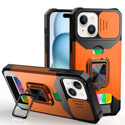 Phone Case for iPhone 15 (6.1") Card Holder Magnetic Ring Stand Shockproof Anti Slip Wallet Grip Protective Hybrid Design Cover Cosmic Orange