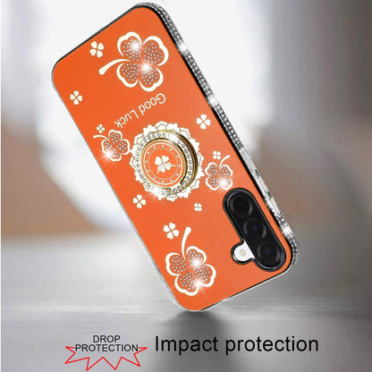 For Samsung Galaxy A17 5G Diamonds Bling All Around Edges Sparkly Glitter Hybrid with Ring Stand Holder Fashion Good Luck Case Cover Cosmic Orange
