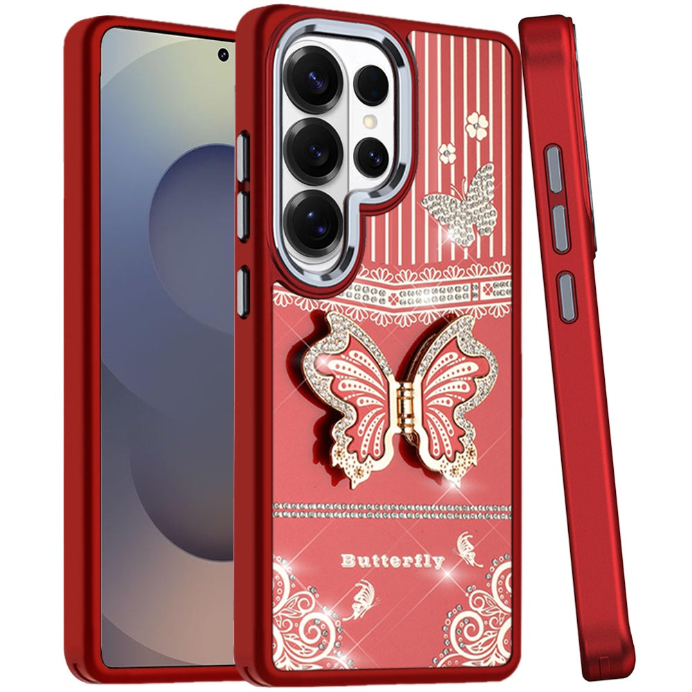 For Samsung Galaxy S25 Ultra Glitter 3D Butterfly Design Bling Metallic Edge Hybrid Stand Drop Protection TPU Shockproof Case Cover