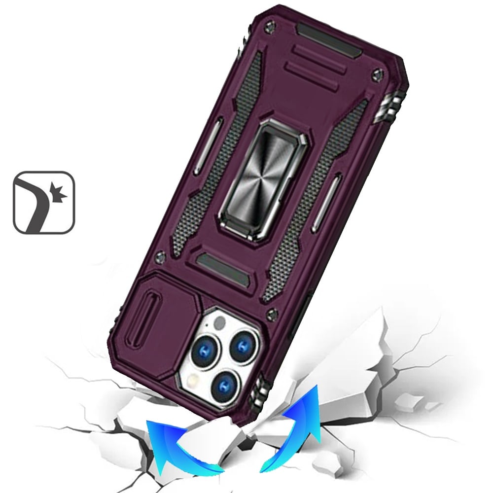 Phone Case for Apple iPhone 13 Pro Max Tough Metal Ring Shockproof Sliding Camera Window Hybrid Armor Rugged Anti Slip Heavy Duty Grip Cover Purple