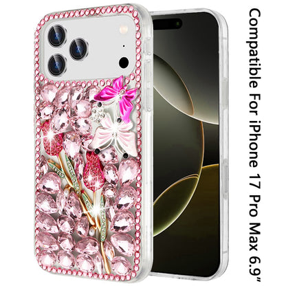 Phone Case for Apple iPhone 17 Pro Max (6.9") Luxury Full Diamond Glitter 3D Floral Ornament Hybrid Shockproof Stylish Rhinestone Designer Protective Elegant Cover Pink Exquisite Garden