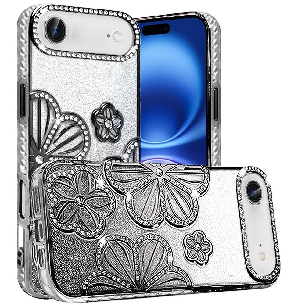 For Apple iPhone 17 Air (6.6") Luxury Flower Design Sparkle Glitter Diamond Rhinestone Shimmer Bling Plating Thick TPU Hard PC Case Cover