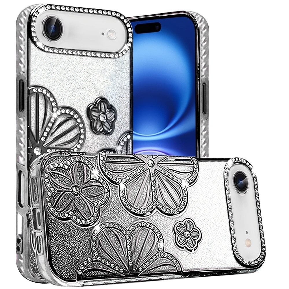 For Apple iPhone 17 Air (6.6") Luxury Flower Design Sparkle Glitter Diamond Rhinestone Shimmer Bling Plating Thick TPU Hard PC Case Cover