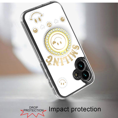 For iPhone 16 (6.1") Smiling Glitter Bling Ornament Hybrid Shockproof Stylish Sparkle Design Secure Grip Durable Protection Case Cover Blue