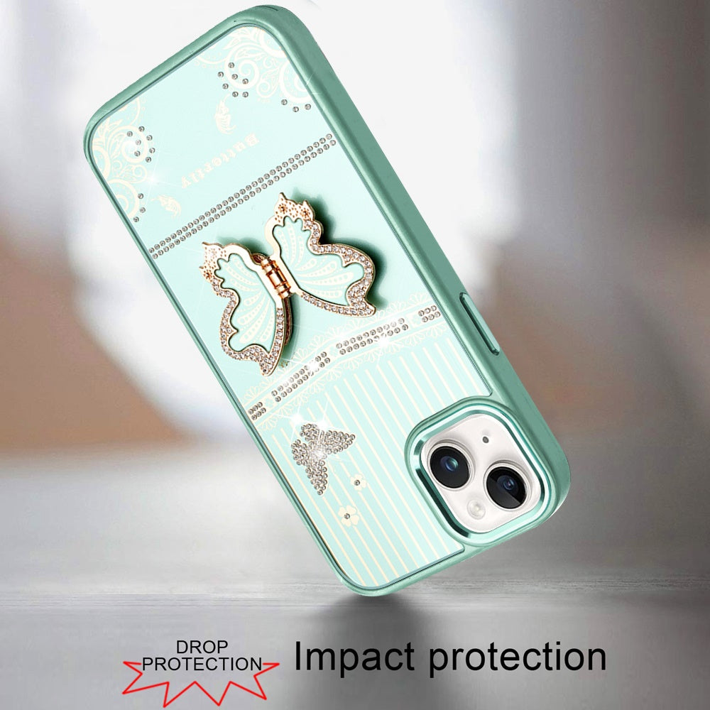 Phone Case for iPhone 15 (6.1") Glitter Bling Butterfly Stand Metallic Edge Hybrid Shockproof Grip Durable Camera Protection Stylish Design Cover Teal