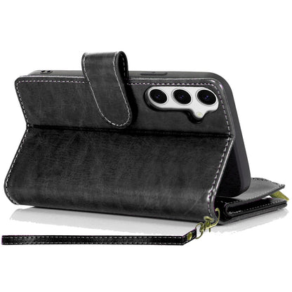 Phone Case for Samsung Galaxy S25 FE, S25 Fan Edition Luxury Leather Wallet Card Holder Zipper Pocket Money Storage Protective Grip Design with Strap Cover Black