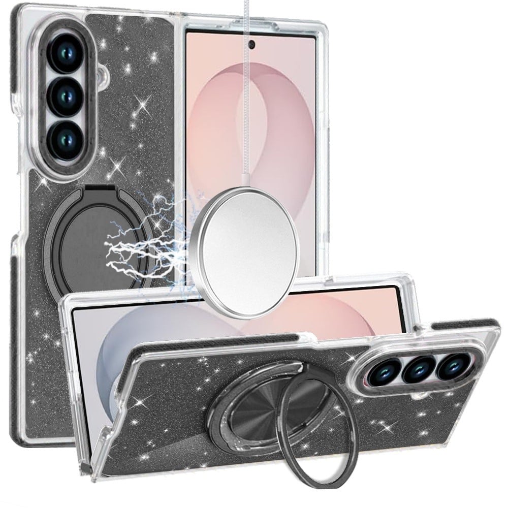 Phone Case for Samsung Galaxy Z Fold 8 Ultra Magnetic Hybrid 360 Rotating Ring Kickstand Tough Hard PC Soft TPU Glitz Shimmer Glitter Shock Absorbing Cover Black