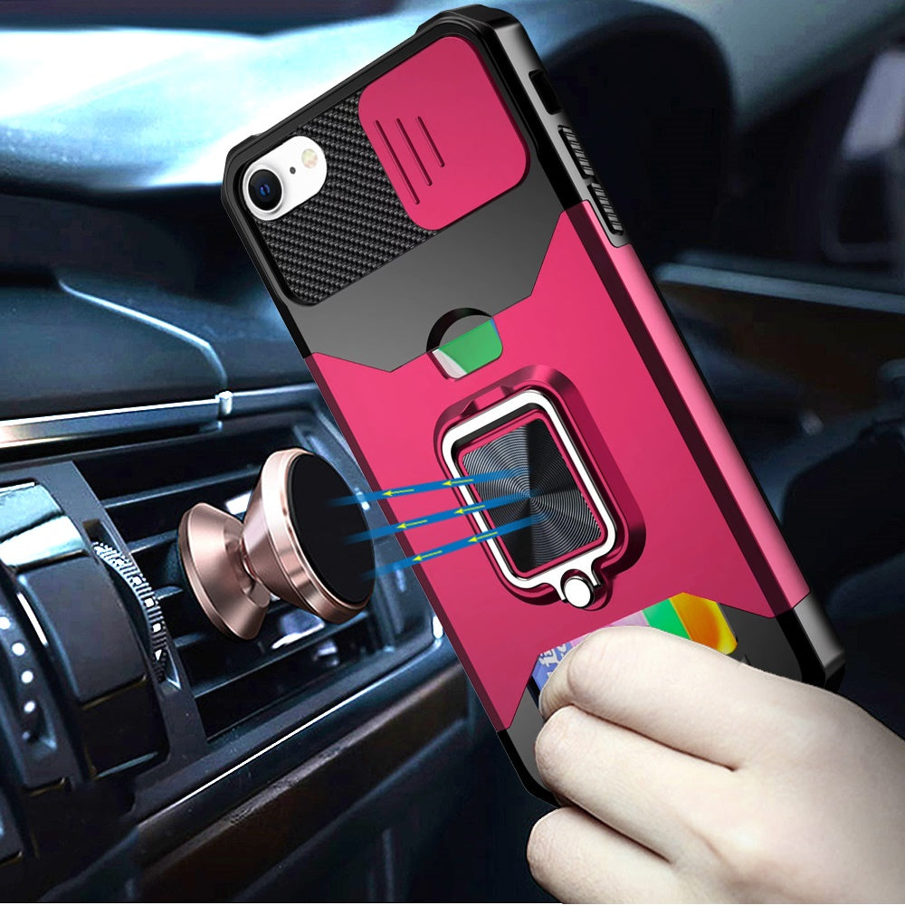 For Apple iPhone 16e Wallet Case with Ring Stand & Slide Camera Cover Back Credit Card Slot Holder, Military Grade Case Cover Hot Pink