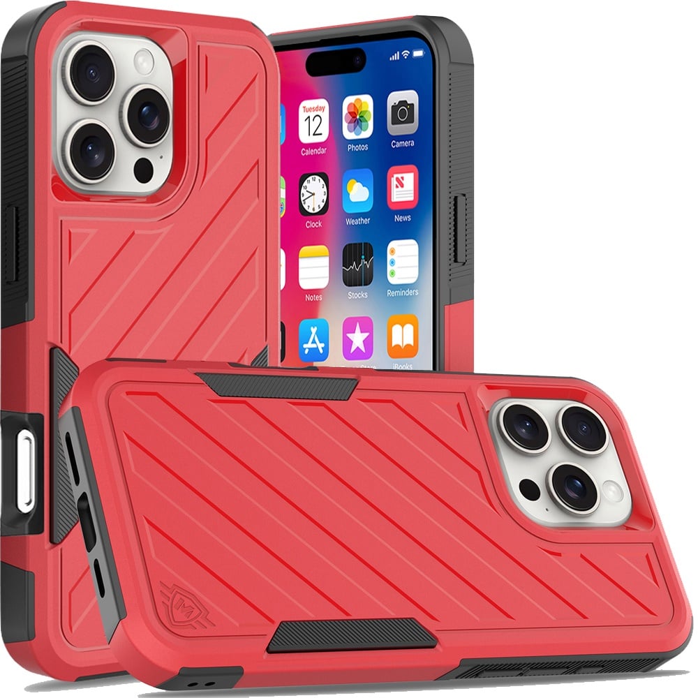 For Apple iPhone 16 Plus Hybrid lined shockproof dual layer Rugged 2in1 Hard PC & Silicone TPU Non Slip Textured Tough Armor Case Cover Red+Black
