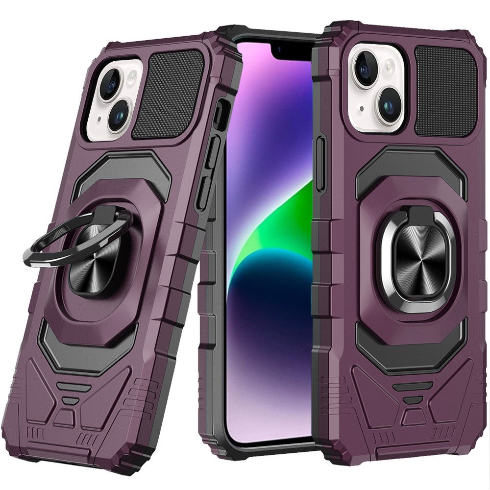 Phone Case for Apple iPhone 14/ iPhone 13 Rugged Hybrid Dual Layer Magnetic Ring Stand Armor Shock Absorbing Heavy Duty TPU Reinforced Bumper Cover Purple