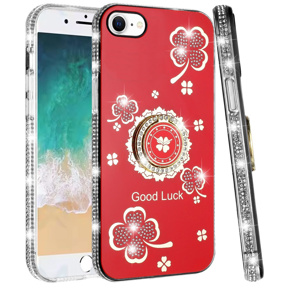 For Apple iPhone 16e Diamonds Bling All Around Edges Sparkly Glitter Hybrid with Ring Stand Holder Fashion Good Luck Case Cover