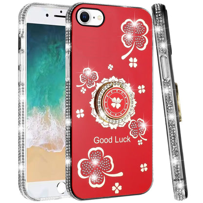 For Apple iPhone 16e Diamonds Bling All Around Edges Sparkly Glitter Hybrid with Ring Stand Holder Fashion Good Luck Case Cover