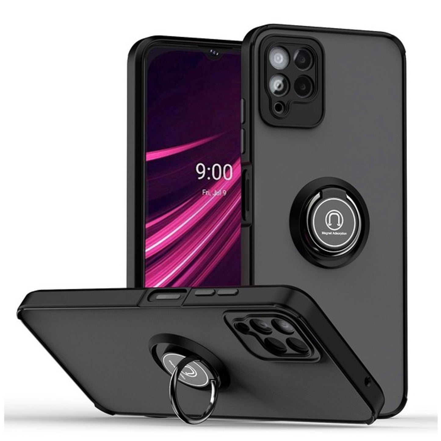 For Samsung Galaxy S26+ / S26 Plus Translucent Matte Back Hybrid with Rotatable Metal Ring Holder Kickstand Shockproof TPU (Fit Car Mount) Case Cover Black