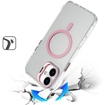 Phone Case for Apple iPhone 18/ iPhone 17 Clear Metallic Camera Stand Magnetic Hybrid TPU Shockproof Grip Camera Protection Kickstand Durable Armor Cover Pink
