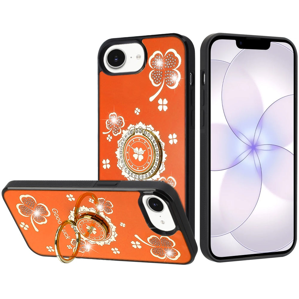 Phone Case for Apple iPhone 17E /16E Diamond 3D Fashion Floral Glitter Engraved Luxury Bling Hybrid Shockproof Chrome Edge Protective Grip Cover Good Luck Floral Cosmic Orange