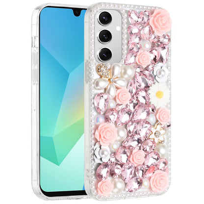 For Apple iPhone 17E /16E Fashion Rose Flower Floral, 3D Bling Crystal Full Diamonds Pearl Sparkle Rhinestone Glitter Hybrid Case Cover Pink