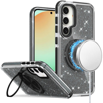 For Samsung Galaxy S24 FE Slim Bling Glitter Sparkly Shimmer Hybrid with Magnetic Ring and 360° Rotational Stand [Compatible with Magsafe] Case Cover Black