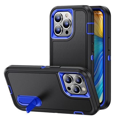 For Apple iPhone 16 (6.1") Hybrid 3 Layers Hard 3in1 Shockproof with Kickstand Heavy Duty Hard TPU Rubber Anti-Drop Case Cover Black / Blue