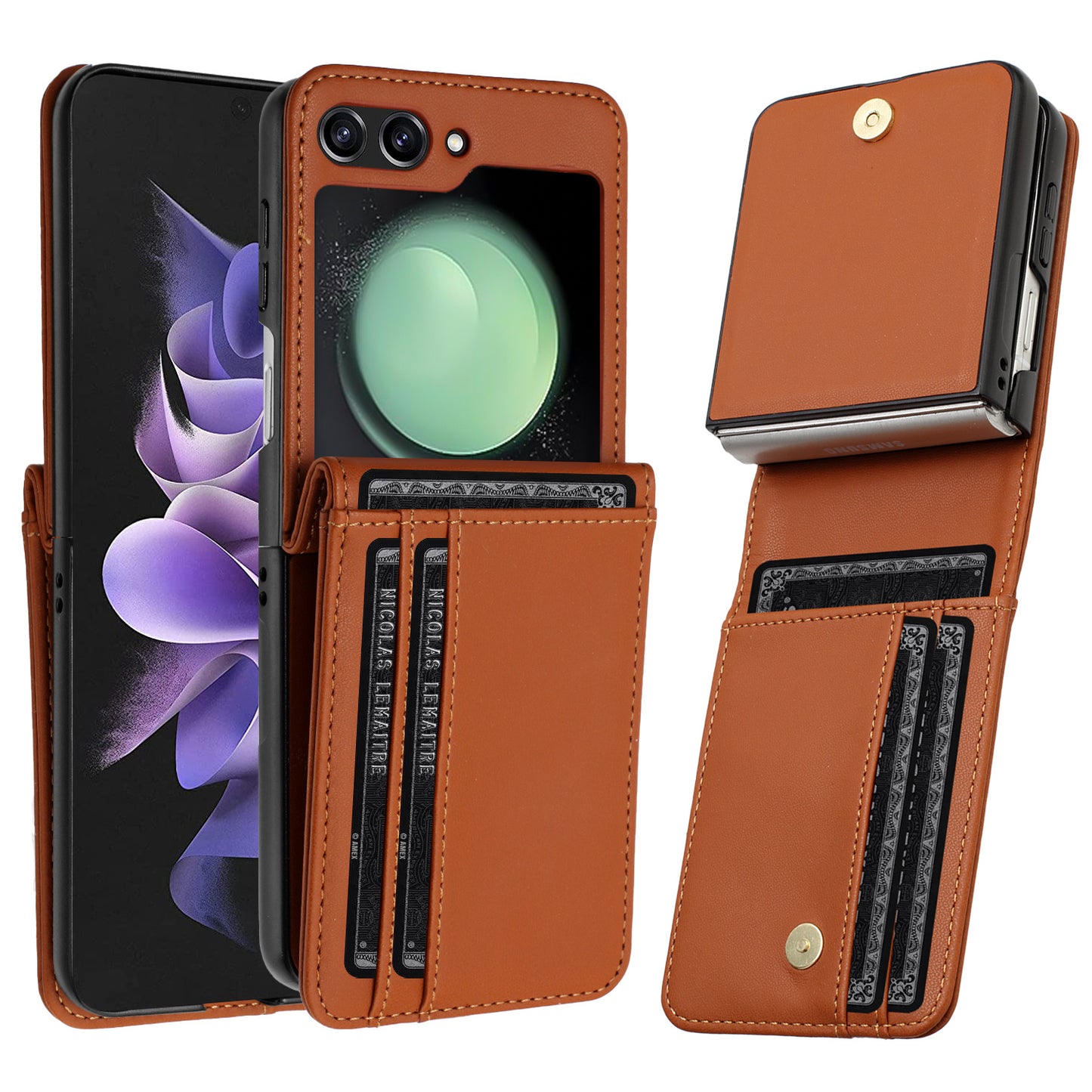 For Samsung Galaxy Z Flip 7 FE Wallet Case PU Leather Back Storage with Card ID Slot, Pocket Holder, Hybrid Protective Case Cover Brown