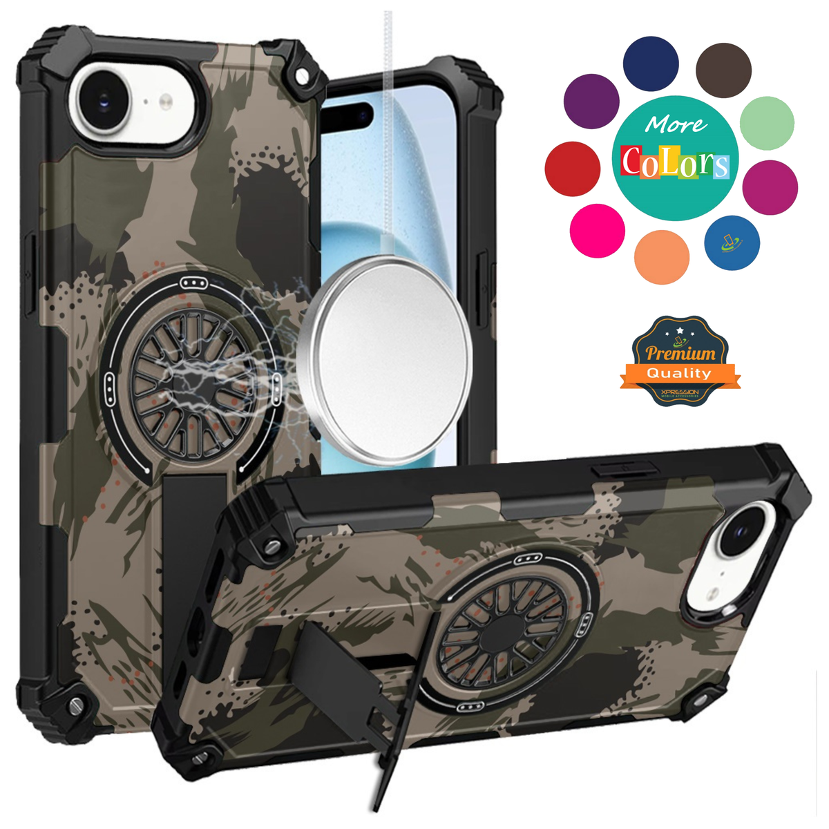 For iPhone 15 (6.1") Texture Design Stylish Invisible Kickstand Case, MagSafe Compatible Hybrid Shockproof Cover, Car Mount Friendly Case Cover