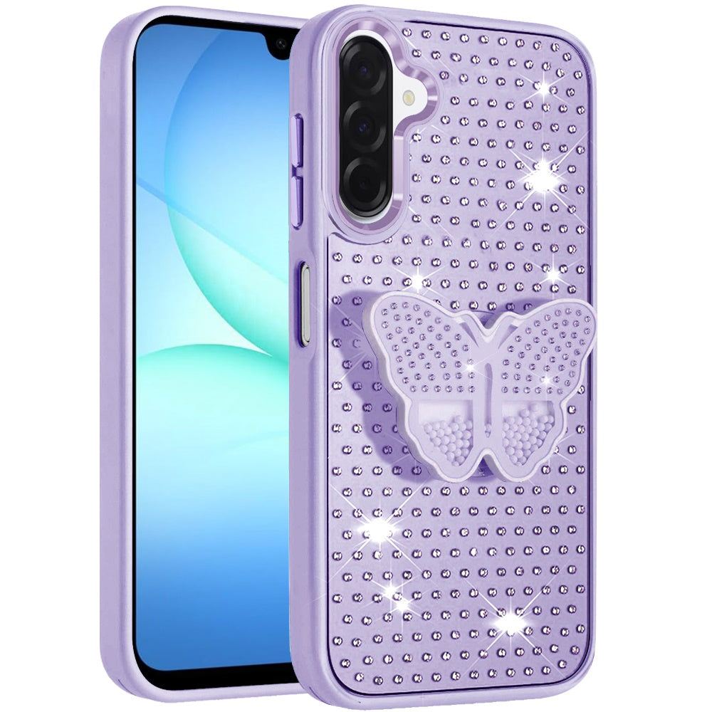 Phone Case for Samsung Galaxy A17 5G Butterfly Grip Pop Stand Diamond Sparkle Hybrid Shockproof Metal Button Slim Protective Grip Decorative Design Cover