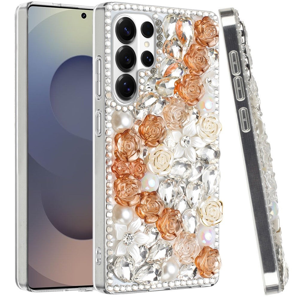 For Samsung Galaxy S26 Ultra Fashion Rose Flower Floral, 3D Bling Crystal Full Diamonds Pearl Sparkle Rhinestone Glitter Hybrid Case Cover