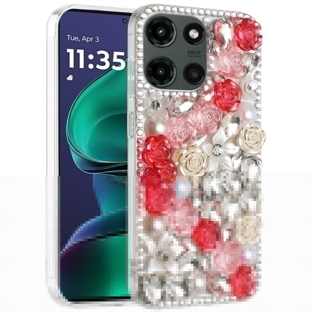 For Motorola Moto G Stylus 5G 2026 /2025 Fashion Rose Flower Floral, 3D Bling Crystal Full Diamonds Pearl Sparkle Rhinestone Glitter Hybrid Case Cover