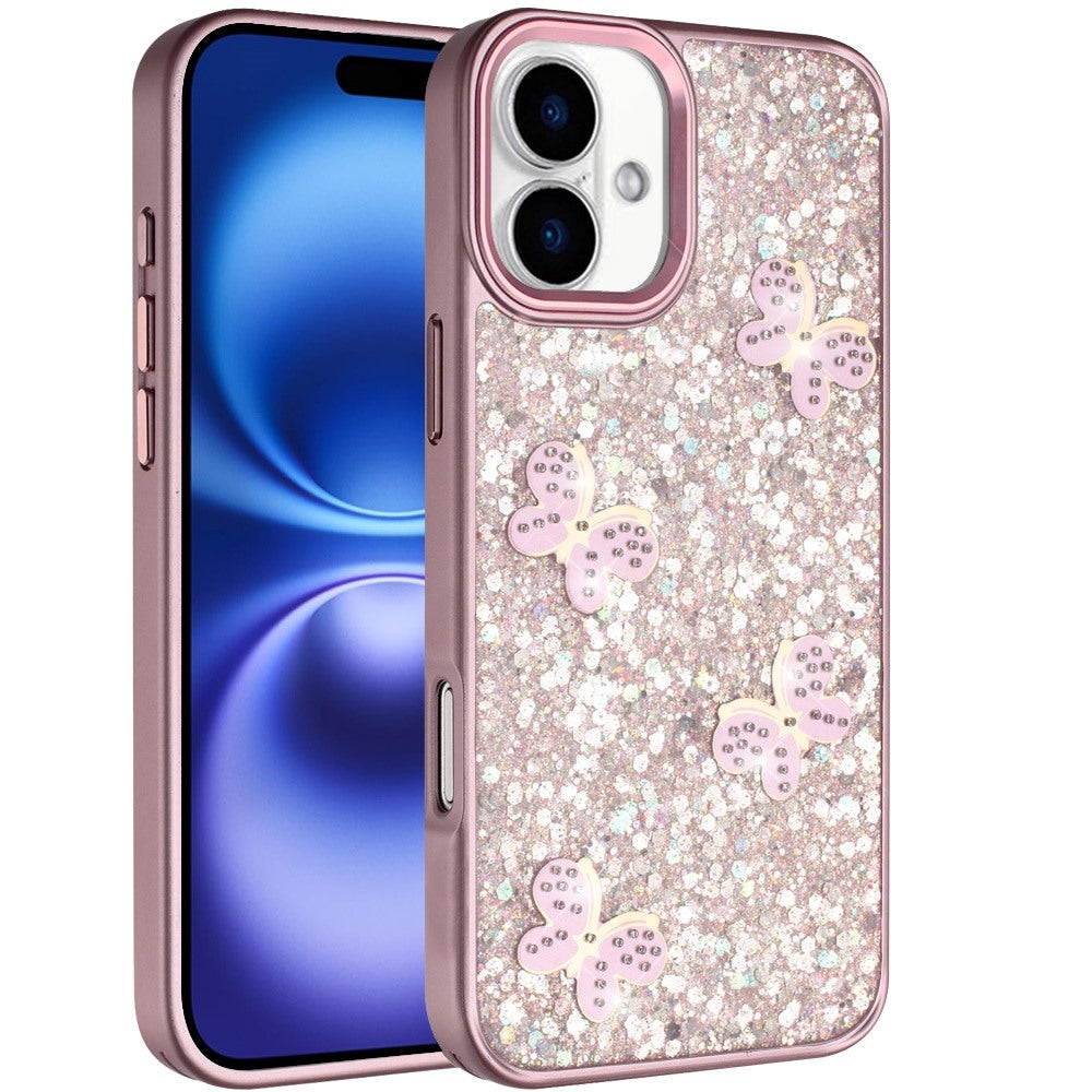 For Apple iPhone 17 (6.3") Cute Butterfly Crystal Diamond Glitter Case Sparkle Bling Frame Metallic Edges, Shimmer TPU Hybrid Case Cover