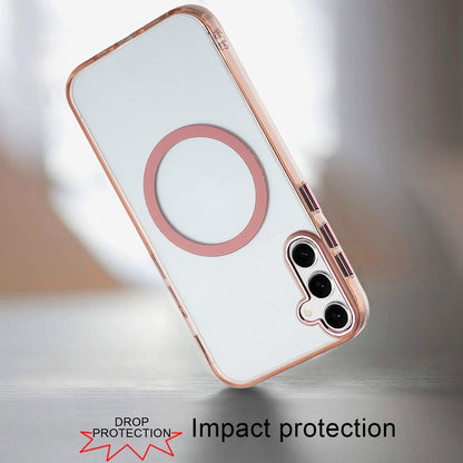 For Samsung Galaxy A57 Transparent Back Hybrid Case - Magnetic Circle, Color Frame, Metal Buttons, MagSafe Compatible Case Cover Rose Gold