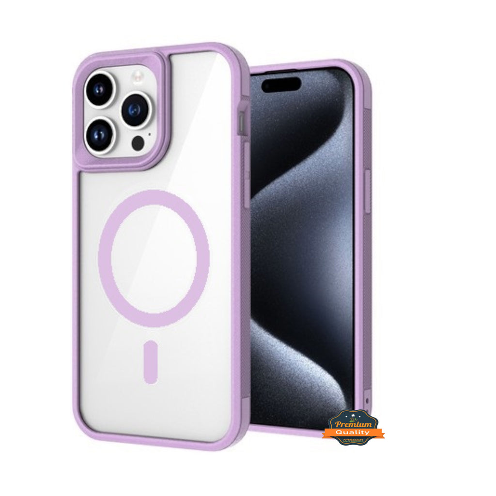 For Apple iPhone 15 (6.1") Magnetic Clear Compatible with Magsafe Wireless Charger PC + TPU Hybrid Slim Transparent Purple Phone Case Cover