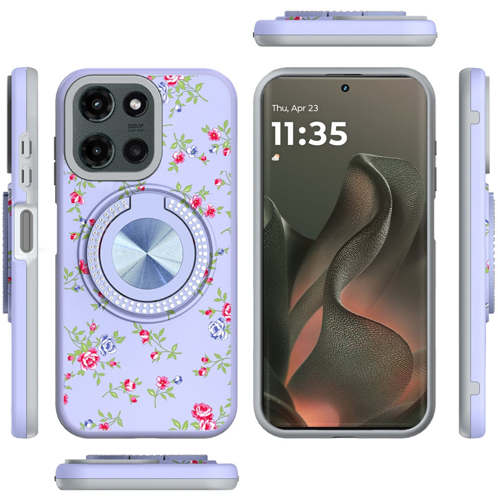 For Motorola Edge 2025 Pattern Design Hybrid with Invisible Ring Stand & Magnetic Back, Shockproof Protective Grip Case Cover